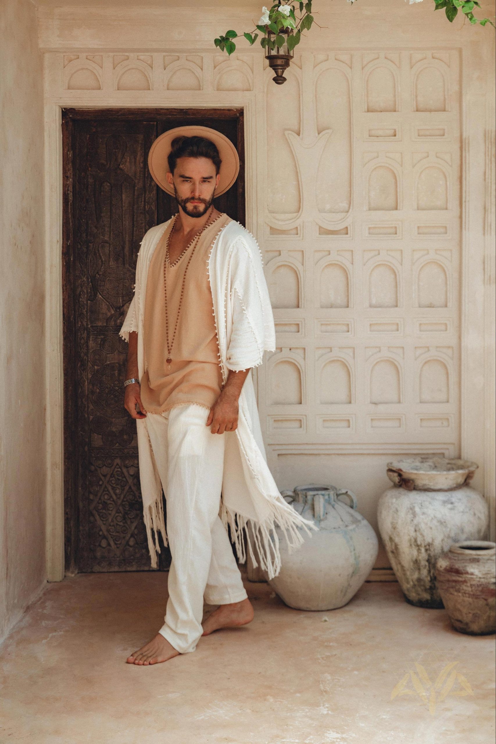 Light Beige Festival Top Men Minimalist Baggy Tribal