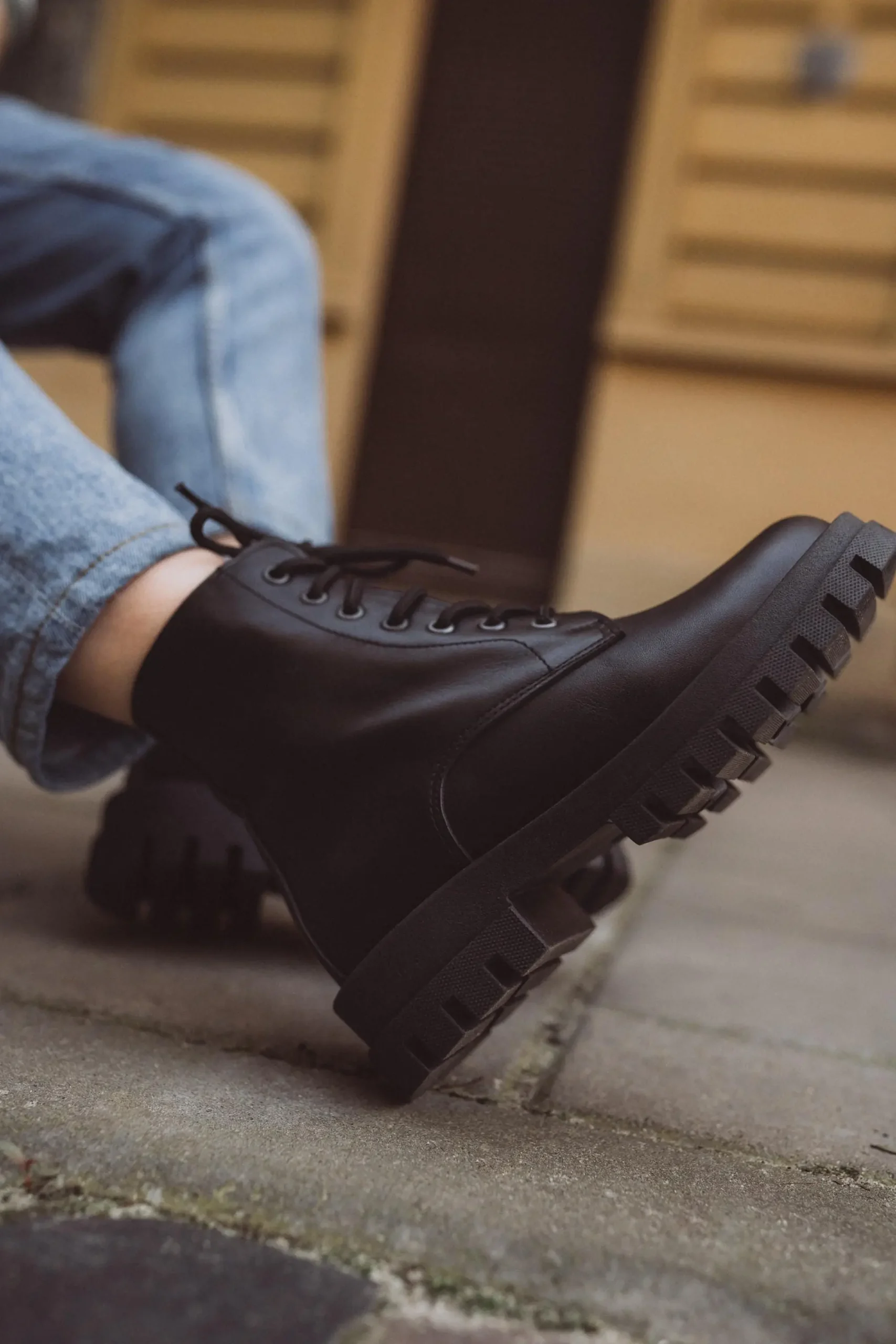 Handmade Black Leather Work Boots Lace Up Combat