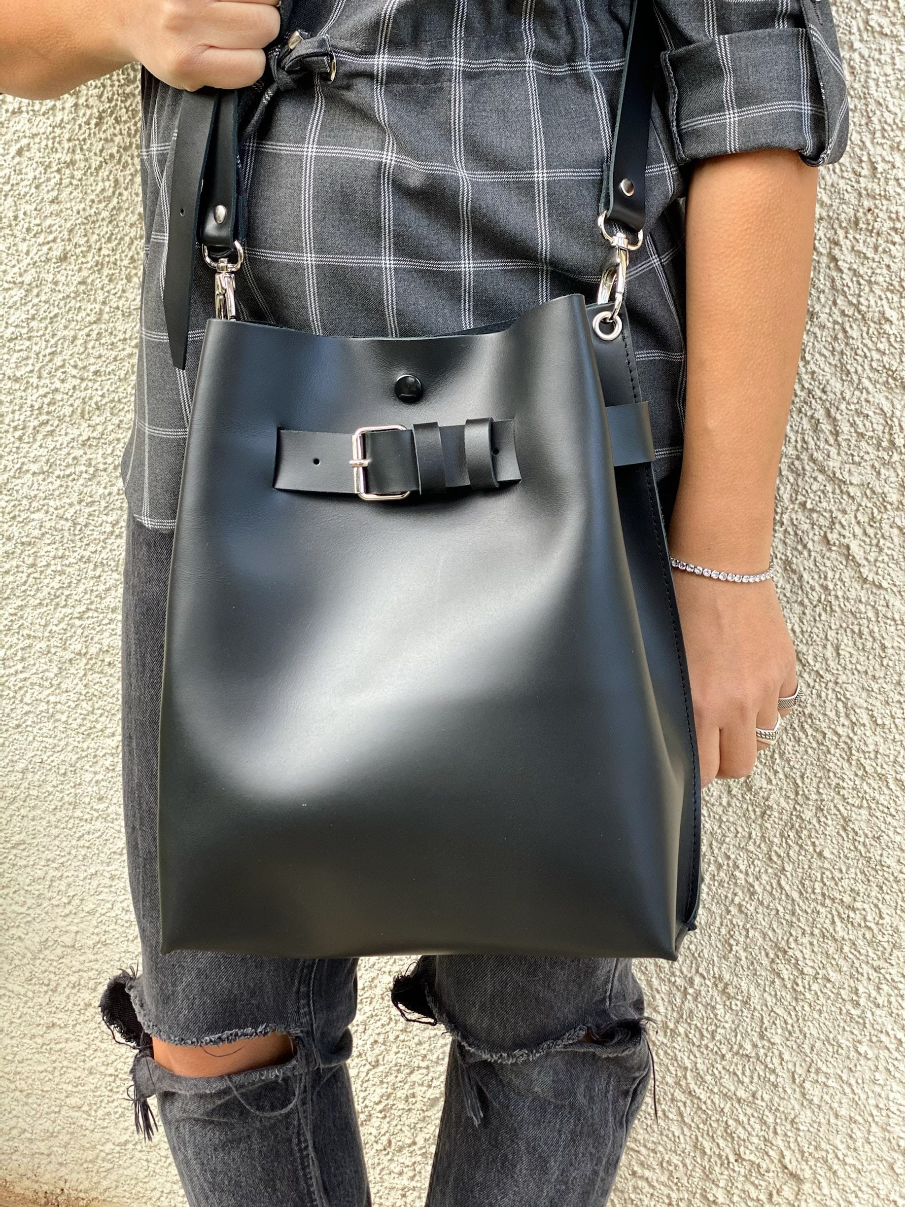 Black Leather Handbag Women Bucket Bag Crossbody Shopping