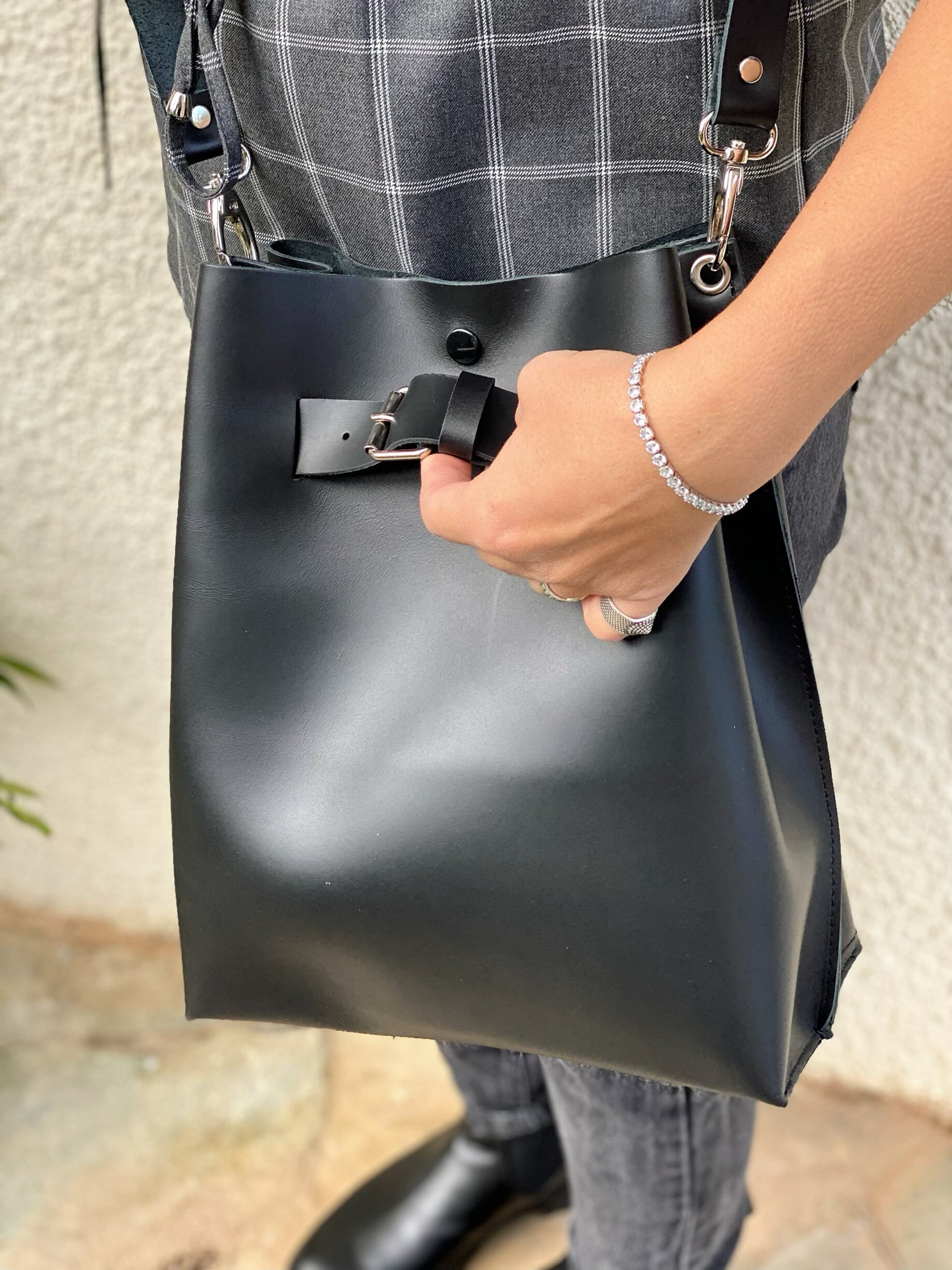 Black Leather Handbag Women Bucket Bag Crossbody Shopping