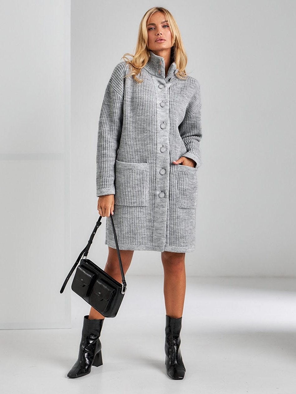 Knit Long Mohair Cardigan Women's Warm Coat Button