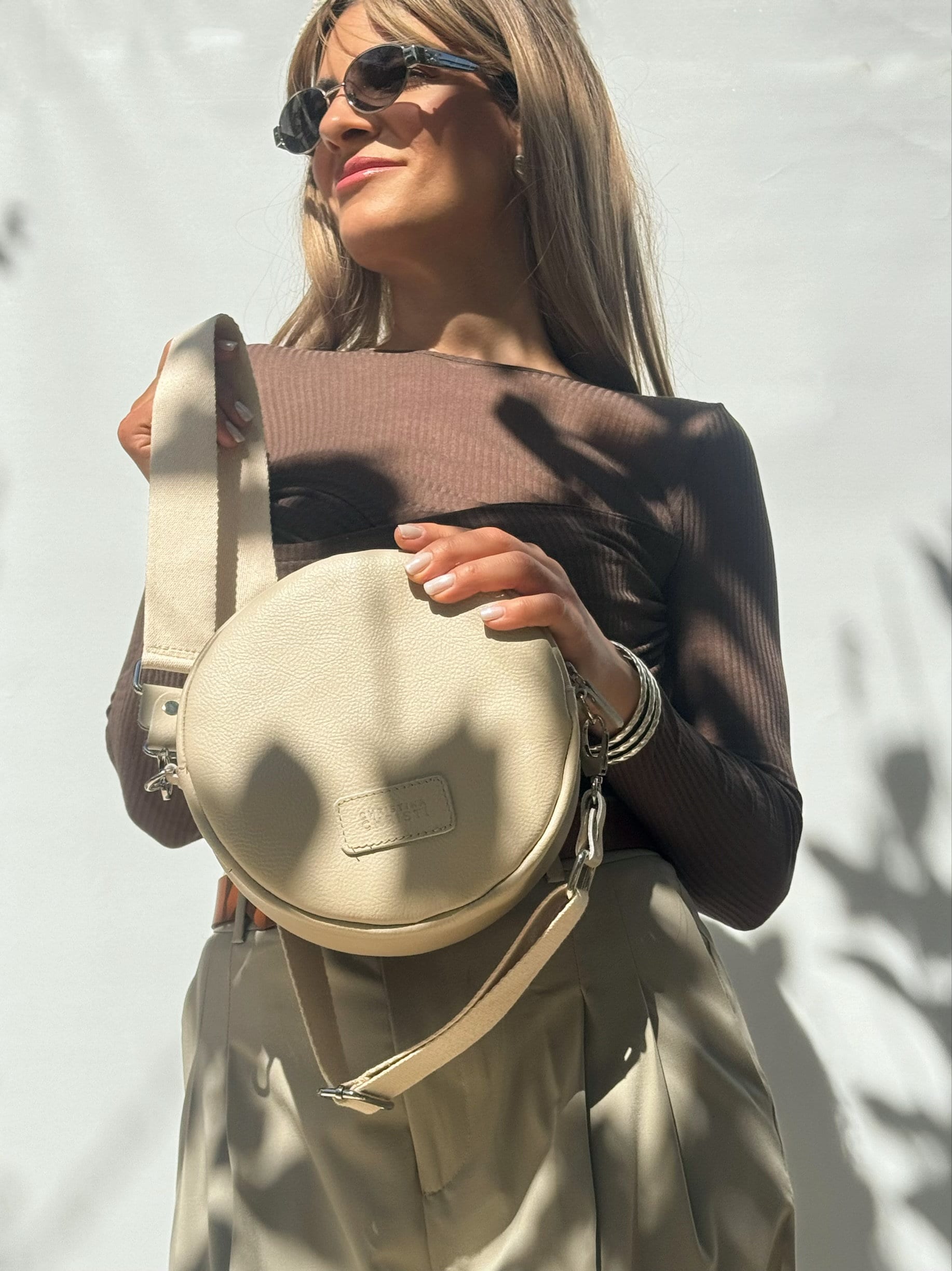 Round Purse Crossbody Bag Beige Shoulder Women Handbag