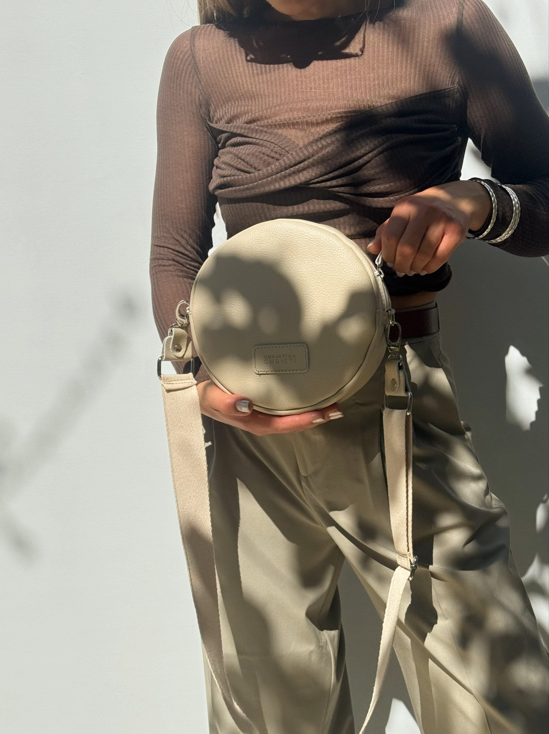 Round Purse Crossbody Bag Beige Shoulder Women Handbag