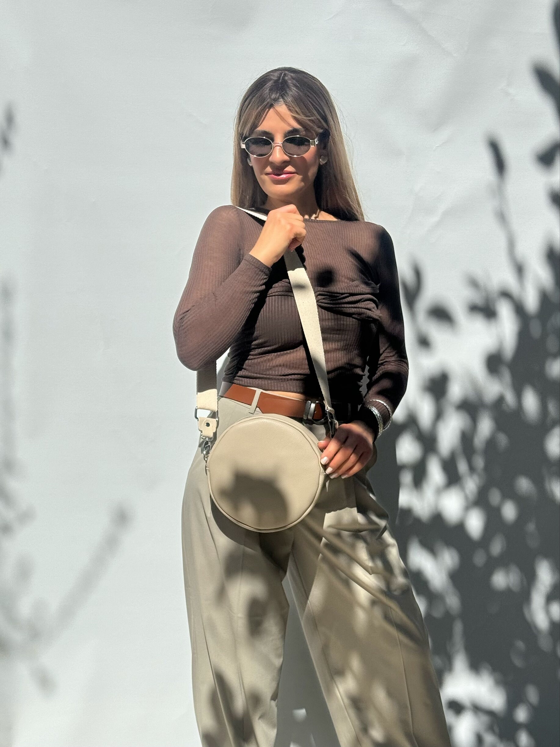 Round Purse Crossbody Bag Beige Shoulder Women Handbag