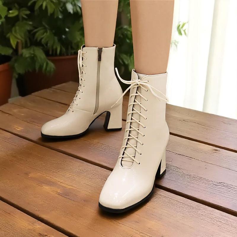 Lace Up Patent Pu Leather Ankle Boots: Retro