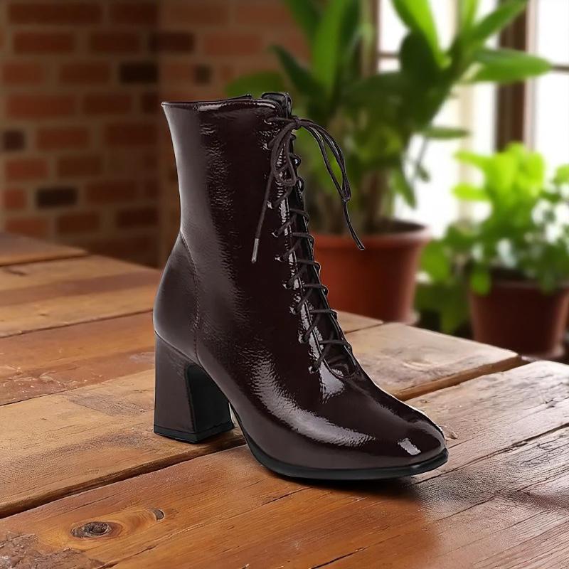 Lace Up Patent Pu Leather Ankle Boots: Retro