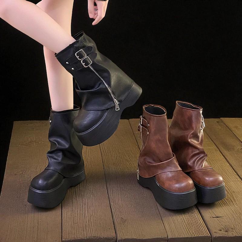 Punk Motorcycle Boots: Chunky Heel Platform Belt Buckle