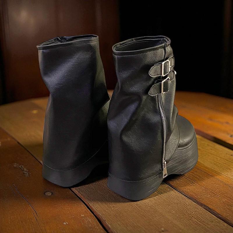 Punk Motorcycle Boots: Chunky Heel Platform Belt Buckle